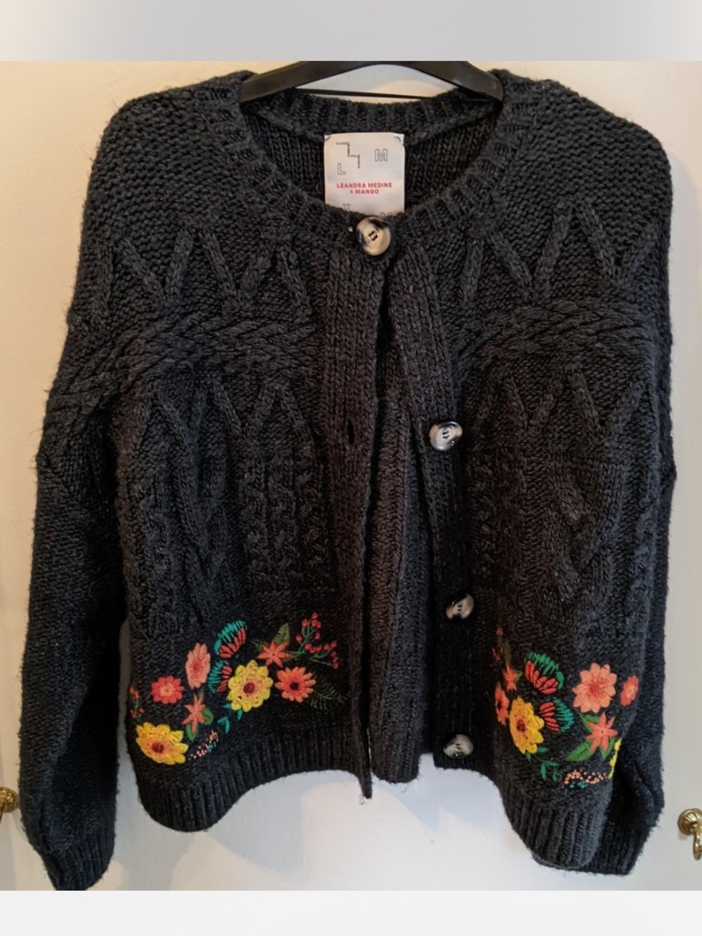 Mango Black Cable-Knit Button Cardigan with Floral Embroidery